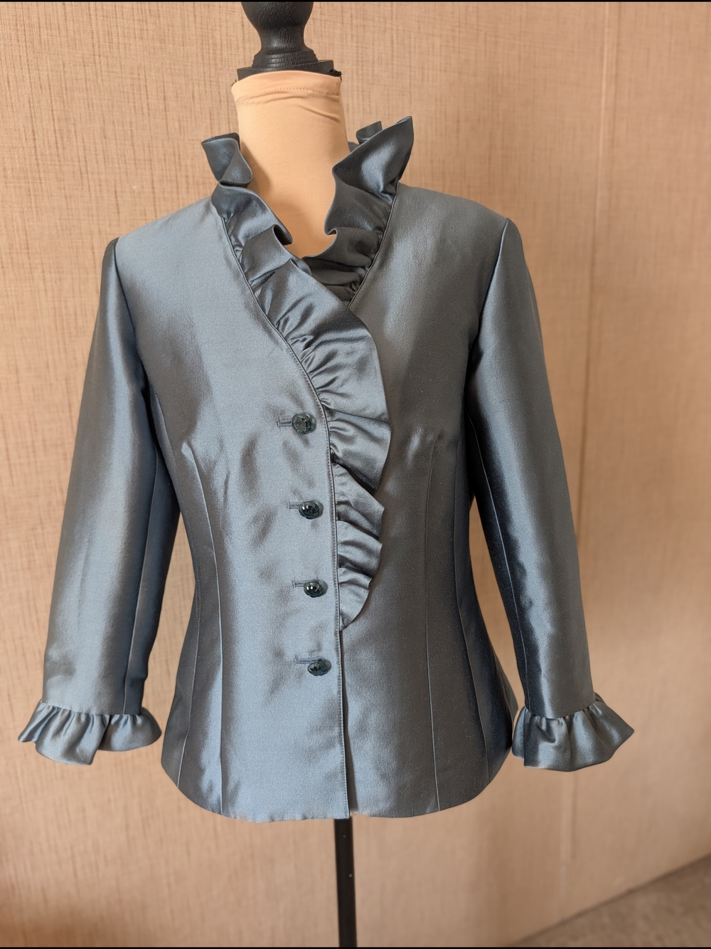 Rickie Freeman for Teri Jon Silk Wool Ruffle-Trim Blazer in Steel Gray